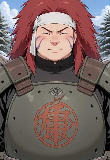 (masterpiece, best quality, amazing quality, detailed background,) chouza, mature male, male focus, face mark, red hair, long hair, fat, chubby, big pec, big belly, male focus, solo, 1boy, red hair, armor, closed eyes, facial mark, upper body, closed mouth, portrait, close up, kerchief, white kerchief, Greenish-brown armor, black suit,