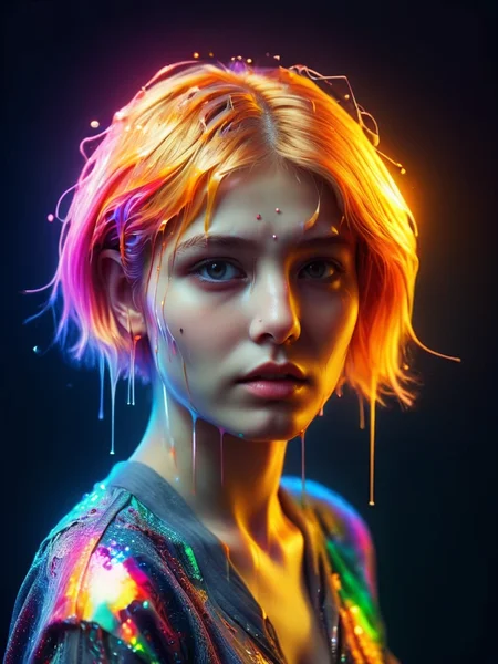 analog photo, dark shot, low key, action, (a intelligent afghan girl, 20 years old:1.1), strawberry blonde pixie bob hair, huge tits, fit, reflections on the wall background, abstraction atmosphere, (prismatic, holographic:1.2), sparkles, neon pixels, (neon light:1.1), chaotic, fashion magazine, (intricate details:0.9), (hdr, hyperdetailed:1.2) <lora:ral-melting:1> ral-melting