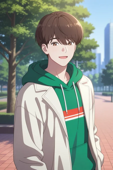 masterpiece, best quality, amazing quality, very aesthetic, high resolution, ultra-detailed, absurdres, newest, scenery, volumetric lighting, depth of field,anime screencap, , , 1boy, solo, male focus,  <lora:lee_joon:0.93>, lee joon,brown hair,brown eyes,short hair,bangs,hair between eyes,looking at viewer, smile, open mouth, jacket, upper body, outdoors, hood, hoodie, hood down, green hoodie,light pale jacket,city,tree,park,day