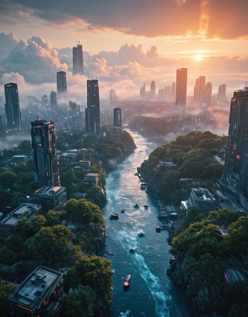 <lora:Space_Worlds_01__Poetic_fluxbeta3:1> sw01p_flux, cyberpunk city, from above, waves, vegetation, sunset,