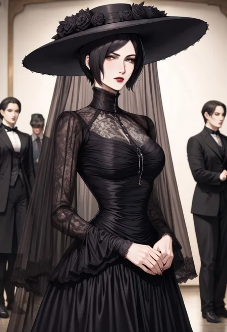 masterpiece, best quality, newest, absurdres, highres, anime, anime style, VGE-V1.0, goth fashion, victorian, solo, solo focus, female focus,
1girl, Ada_wong, \(resident evil\), asian, asian female, short hair, black hair,
hat, round hat, veil, dress, formal,