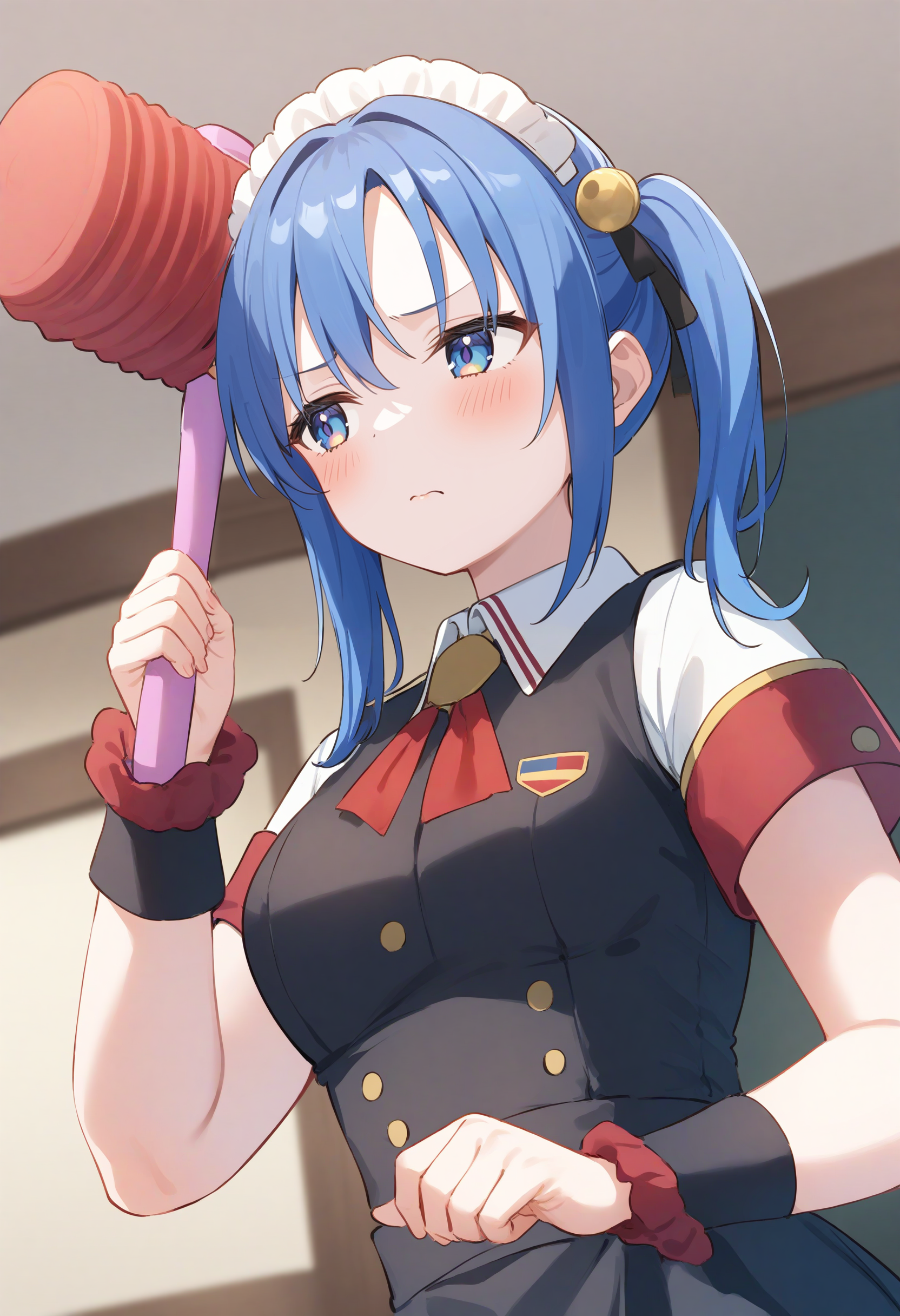 1girl,sincos, ningen mame, toosaka asagi,solo,medium breasts,20yo,maid,maid headdress,
piko piko hammer, toy hammer, holding, <lora:pikopikohammer_XL_v1:0.8>
dutch angle, upper body, looking away, blue hair, black eyes,embarrassed, automobile retailer, closed mouth, side ponytail hair,,
best quality, very aesthetic, absurdres