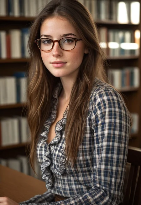 18yo girl, detailed face, freckles, brown hair, shy smile, (skirt, shirt, library), (glasses), detailxl