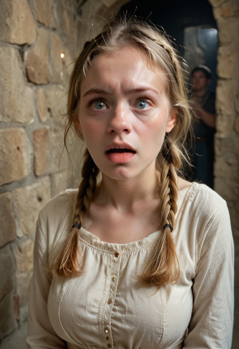 beautiful girl Guin seen from behind with face turned back, afraid, cute face, round face, blonde braids, dark cellar, afraid,surprised, big eyes, afraid, film grain, film camera, grainy cheap photo, busty Guinwen, scared, terrified,shadows, tall faceless man behind her