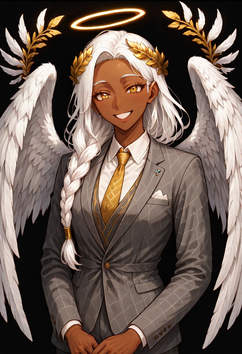 masterpiece, best quality, newest, absurdres, highres, 
DMDV1.0IL, DMDV1.0IL-God, 
1girl, dark skin, dark-skinned female, grey suit, suit official attire, official clothes, nectie, yellow necktie, white hair, long hair, braid, single braid, angel, angel girl, halo, wings, angel wings, smile, happy, open eyes, golden eyes, laurel crown,