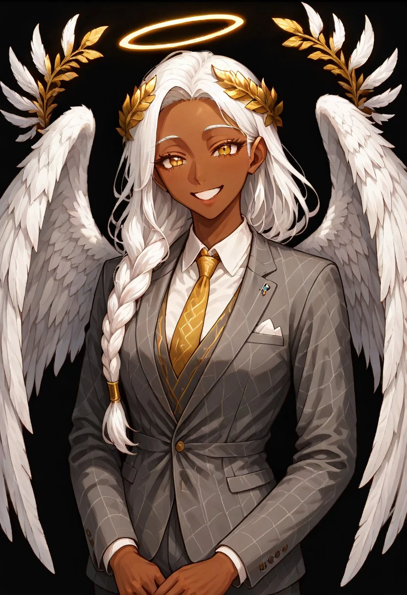 masterpiece, best quality, newest, absurdres, highres,
DMDV1.0IL, DMDV1.0IL-God,
1girl, dark skin, dark-skinned female, grey suit, suit official attire, official clothes, nectie, yellow necktie, white hair, long hair, braid, single braid, angel, angel girl, halo, wings, angel wings, smile, happy, open eyes, golden eyes, laurel crown,