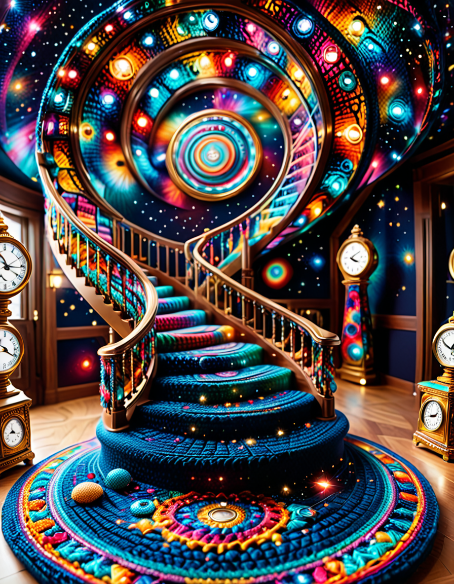 A spiral staircase fully crocheted, ascending into a seemingly infinite, empty room; each step adorned with cosmic patterns like galaxies, clocks, and outstretched hands; vibrant LED lights accentuate the details; reflective mirrors create an illusion of endlessness; surreal, contemplative, mesmerizing yet unsettling. <lora:SDXLFaeTastic2400:0.4> <lora:extremely_detailed:0.4> extremely detailed, <lora:cr0ch3t3d:1>,cr0ch3t3d, Masterpiece,best quality,hi res,8k,hi res,8k,award winning,(sharp focus, intricate, highly detailed),