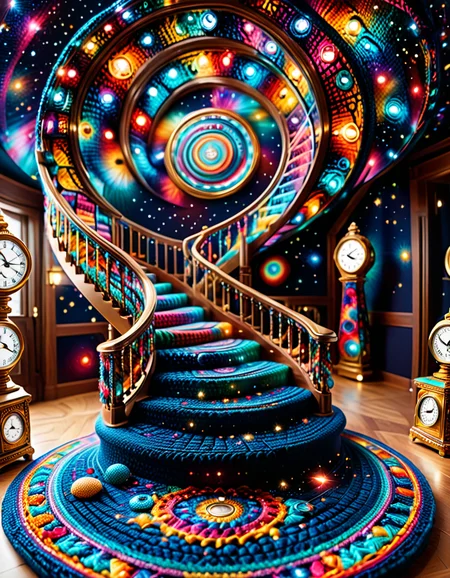 A spiral staircase fully crocheted, ascending into a seemingly infinite, empty room; each step adorned with cosmic patterns like galaxies, clocks, and outstretched hands; vibrant LED lights accentuate the details; reflective mirrors create an illusion of endlessness; surreal, contemplative, mesmerizing yet unsettling. <lora:SDXLFaeTastic2400:0.4> <lora:extremely_detailed:0.4> extremely detailed, <lora:cr0ch3t3d:1>,cr0ch3t3d, Masterpiece,best quality,hi res,8k,hi res,8k,award winning,(sharp focus, intricate, highly detailed),
