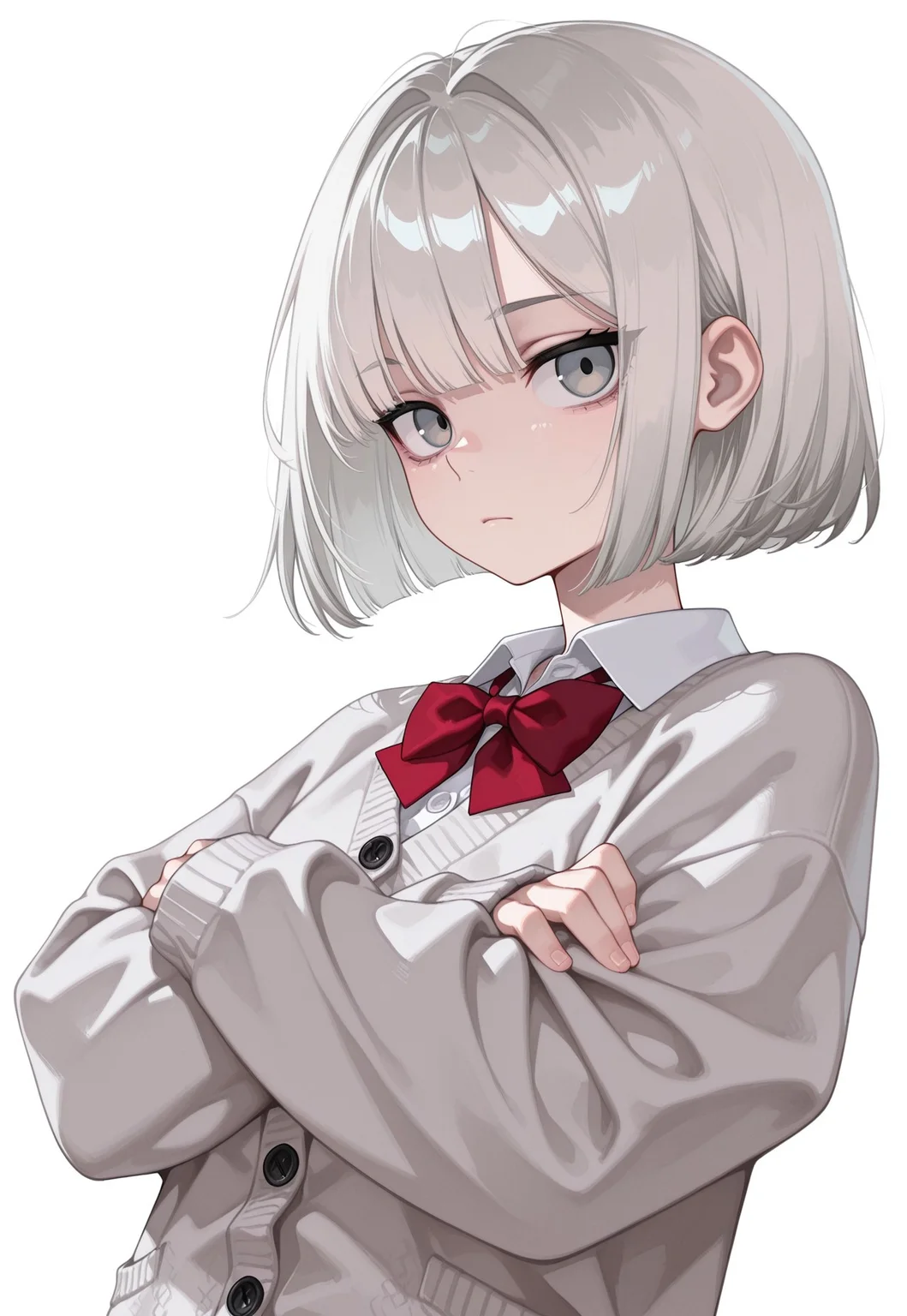 1girl, bob cut, bow, bowtie, buttons, cardigan, closed mouth, collared shirt, crossed arms, expressionless, grey cardigan, grey hair, looking at viewer, red bow, red bowtie, shirt, simple background, sleeves past wrists, solo, upper body, white background, masterpiece,best quality,amazing quality,
BREAK
masterpiece, best quality, amazing quality, newest, absurdres,