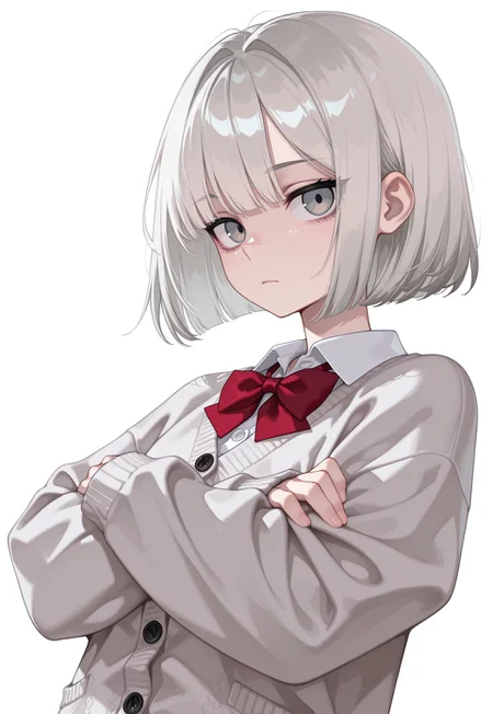 1girl, bob cut, bow, bowtie, buttons, cardigan, closed mouth, collared shirt, crossed arms, expressionless, grey cardigan, grey hair, looking at viewer, red bow, red bowtie, shirt, simple background, sleeves past wrists, solo, upper body, white background, masterpiece,best quality,amazing quality,
BREAK
masterpiece, best quality, amazing quality, newest, absurdres,