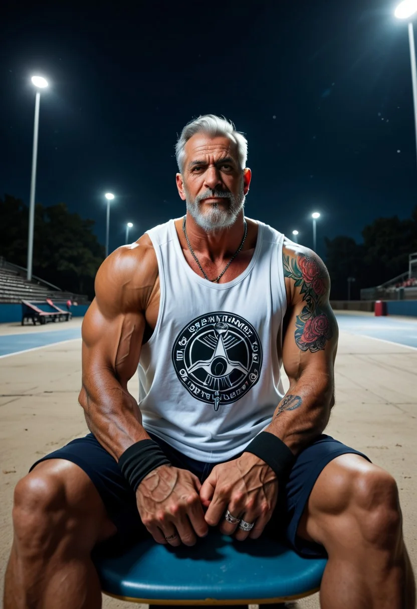 score_9, score_8_up, score_7_up, score_6_up, dark background, nighttime, night, dark lowlight photography, realistic, old male, pov from side, old granddad, thin, tall, tanned skin, colorful tattoos, heavy metal rock tattoos, strong tan, wearing blue long cargoshorts, 3/4 cargoshorts, skater, sweatbands, loose white muscleshirt, v-neck sleeveless tshirt, hairy armpits, old granddad, wrinkles,
at the beach, near ocea, sand, skatepark,
sitting on a skateramp, sitting at edge