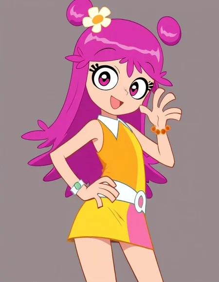 <lora:Ami.YumiIllustrious1.0JLFO:1> ami, pink hair, hair bun, 1girl, pink eyes,dress,, looking at viewer, hand on own hip, cowboy shot,smile,jewelry, belt, hair flower,open mouth, masterpiece, best quality, amazing quality, very aesthetic, absurdres,simple background,