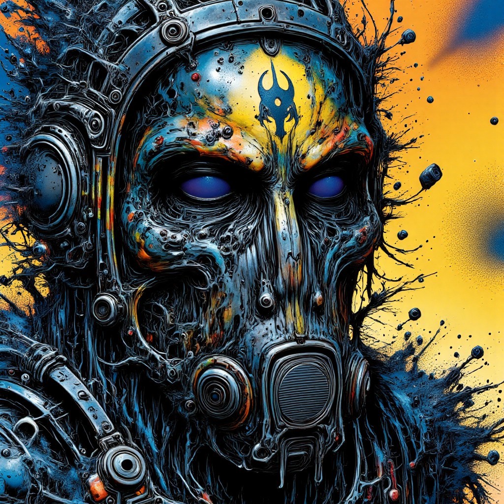 Zombie soldier wearing a biohazard gas mask, black and gold filigree, navy and gold vapor swirls, details in details