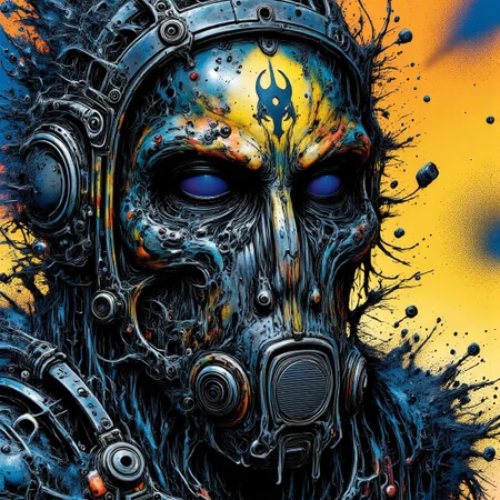 Zombie soldier wearing a biohazard gas mask, black and gold filigree, navy and gold vapor swirls, details in details