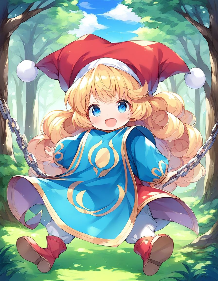 score_9, score_8_up, score_7_up, source_anime, rating_explicit, BREAK  <lora:Charlotte_seiken_densetsu3_XL:1>
Charlotte_seiken, 1girl, blonde hair, solo, hat, forest, 
full body, long hair, blue eyes, open mouth, chain, child,
curly hair, smile,  jester red cap, holding, weapon, red footwear,  blue long sleeves, tabard,