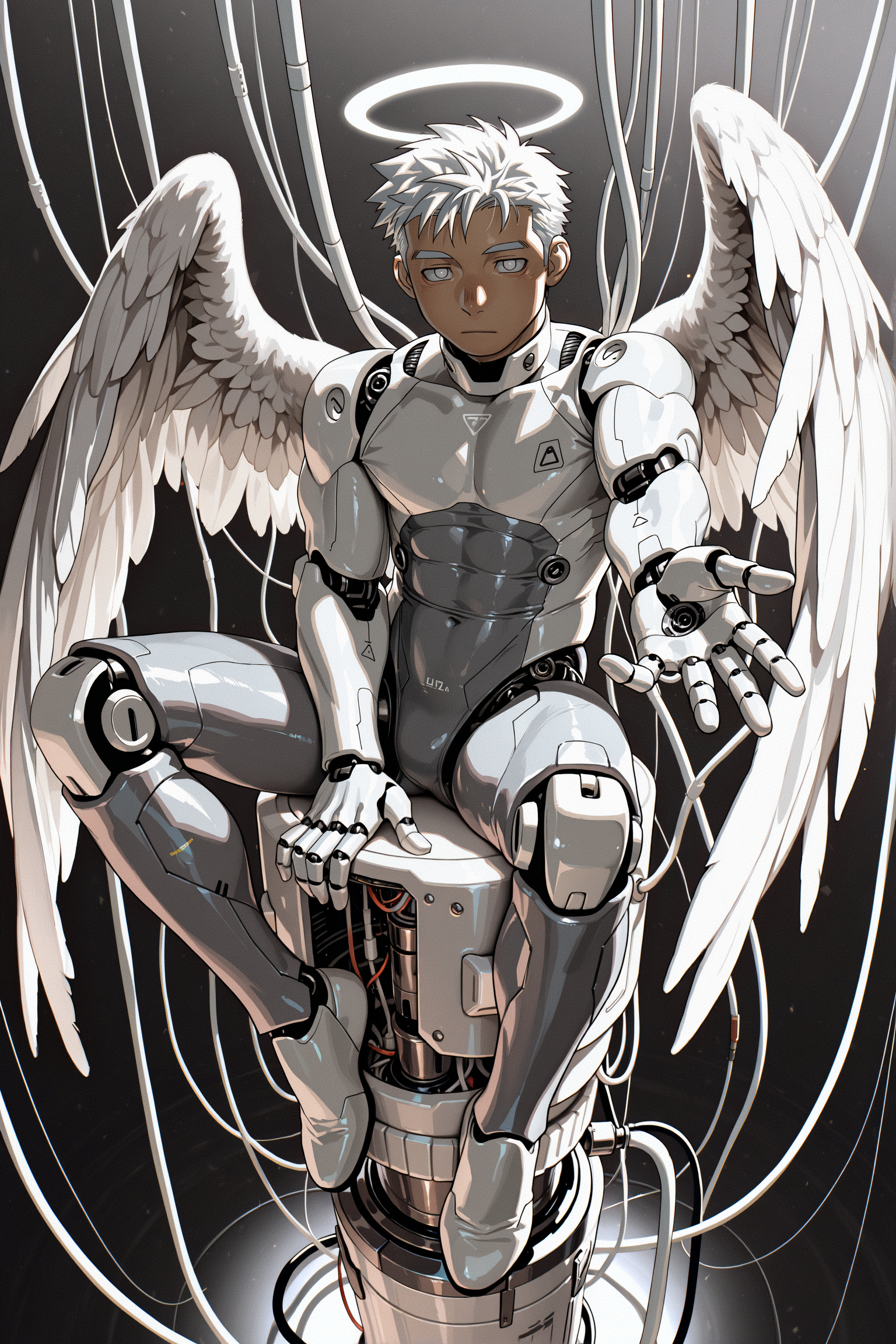 masterpiece, best quality, amazing quality, ultra-detailed, absurdres, highly detailed, cinematic lighting, realistic shading, intricate details, soft lighting, high contrast, depth of field, 1boy, male focus, bara, muscular male, muscular, mature male, manly, android, angel, audio jack, cable, feathered wings, full body, grey background, halo, wires, cables, holding, very short hair, looking at viewer, maintenance, mechabare, navel, on top of pole, sitting, solo, three quarter view, white theme, wings, white eyes, wire, angel wings, white hair, joints, robot joints, mechanical parts, bodysuit, tube, expressionless, closed mouth, grey bodysuit, covered navel, grey theme, no pupils, science fiction, white wings, (sagami jon:0.85), arm extended, reaching towards viewer, foreshortening, perspective, dynamic angle