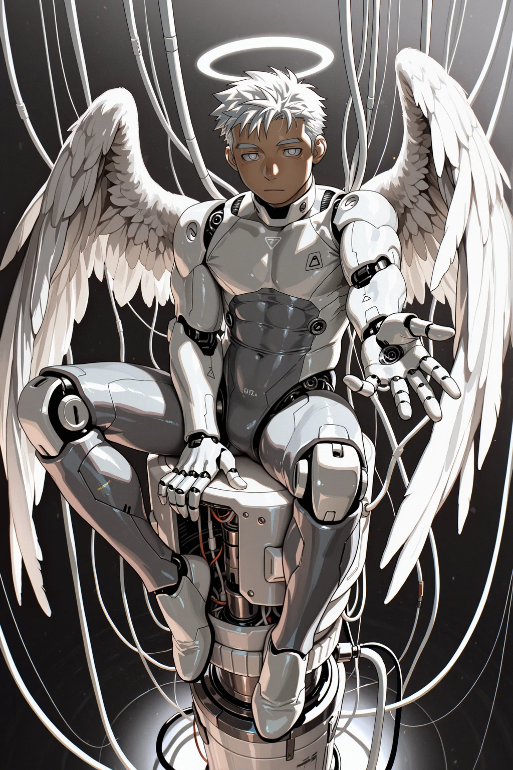 masterpiece, best quality, amazing quality, ultra-detailed, absurdres, highly detailed, cinematic lighting, realistic shading, intricate details, soft lighting, high contrast, depth of field, 1boy, male focus, bara, muscular male, muscular, mature male, manly, android, angel, audio jack, cable, feathered wings, full body, grey background, halo, wires, cables, holding, very short hair, looking at viewer, maintenance, mechabare, navel, on top of pole, sitting, solo, three quarter view, white theme, wings, white eyes, wire, angel wings, white hair, joints, robot joints, mechanical parts, bodysuit, tube, expressionless, closed mouth, grey bodysuit, covered navel, grey theme, no pupils, science fiction, white wings, (sagami jon:0.85), arm extended, reaching towards viewer, foreshortening, perspective, dynamic angle