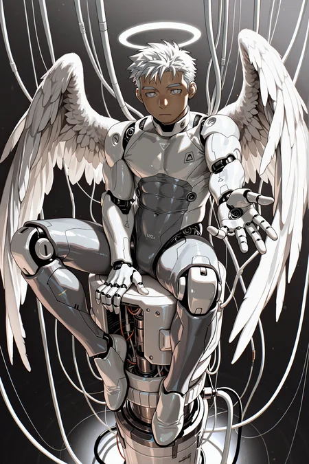 masterpiece, best quality, amazing quality, ultra-detailed, absurdres, highly detailed, cinematic lighting, realistic shading, intricate details, soft lighting, high contrast, depth of field, 1boy, male focus, bara, muscular male, muscular, mature male, manly, android, angel, audio jack, cable, feathered wings, full body, grey background, halo, wires, cables, holding, very short hair, looking at viewer, maintenance, mechabare, navel, on top of pole, sitting, solo, three quarter view, white theme, wings, white eyes, wire, angel wings, white hair, joints, robot joints, mechanical parts, bodysuit, tube, expressionless, closed mouth, grey bodysuit, covered navel, grey theme, no pupils, science fiction, white wings, (sagami jon:0.85), arm extended, reaching towards viewer, foreshortening, perspective, dynamic angle