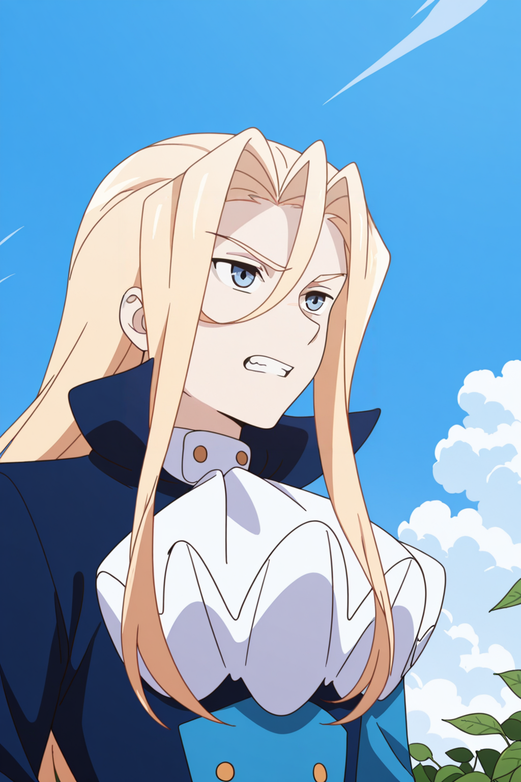 <lora:AcroTrip:1>, AcroTrip, 1boy, blonde hair, long hair, male focus, blue eyes, solo, sky, ascot, leaf, outdoors, day, cloud, blue sky, clenched teeth, white ascot, teeth, upper body, long sleeves,