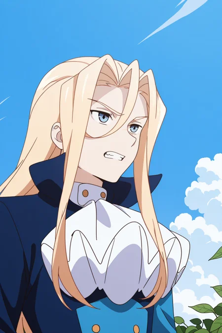 <lora:AcroTrip:1>, AcroTrip, 1boy, blonde hair, long hair, male focus, blue eyes, solo, sky, ascot, leaf, outdoors, day, cloud, blue sky, clenched teeth, white ascot, teeth, upper body, long sleeves,