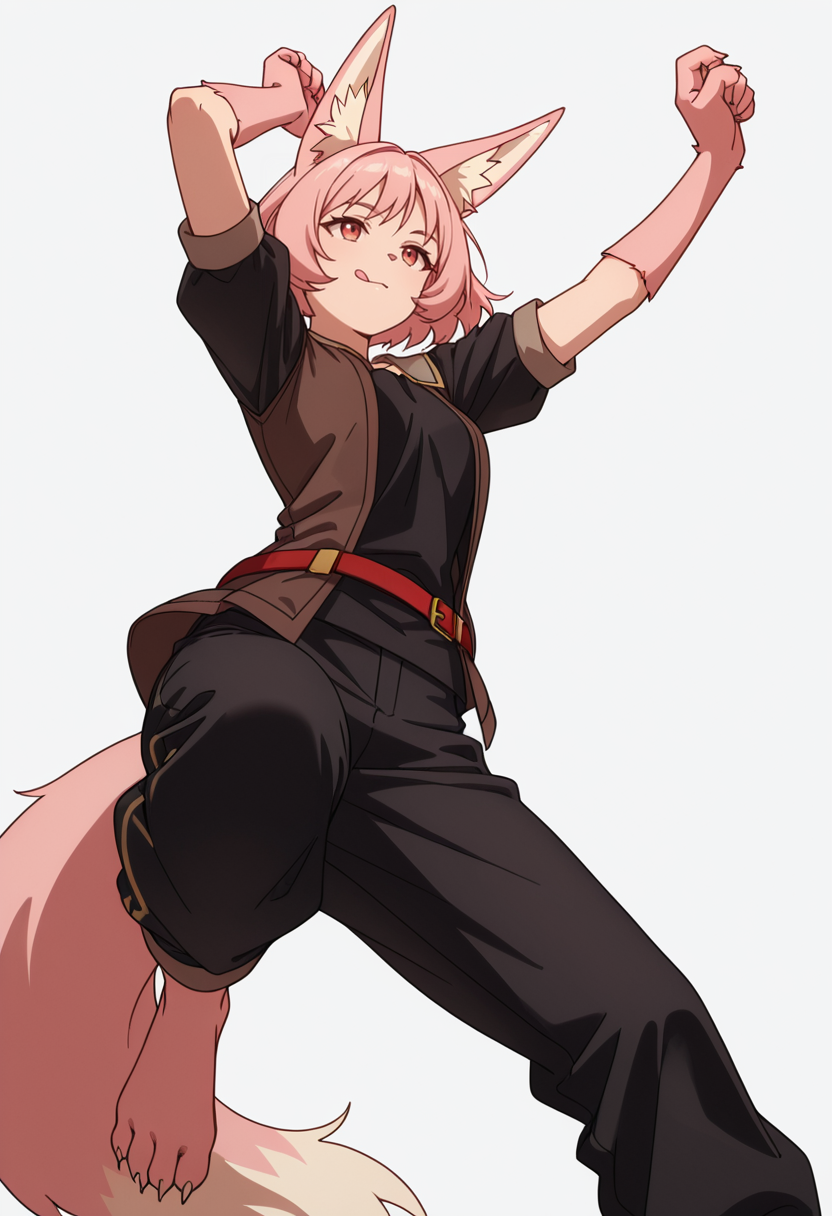 Smooth Quality,masterpiece,very intricate, high quality details, ultra realistic, high detailed skin,detailed enviorement,absurdres,
simple background, white background, dancing, solo,from below,
 <lora:Til_CNR:0.8> til_cnr, 1girl,pink hair, short hair, bangs, red eyes, animal ears, fox ears, animal ear fluff, fox tail, furry female, animal hands, claws, black shirt,open jacket,puffy short sleeves,black pants, belt,barefoot,, despair,, :q,
