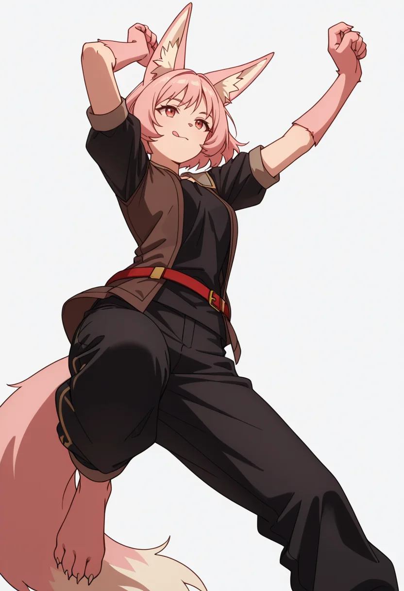 Smooth Quality,masterpiece,very intricate, high quality details, ultra realistic, high detailed skin,detailed enviorement,absurdres,
simple background, white background, dancing, solo,from below,
<lora:Til_CNR:0.8> til_cnr, 1girl,pink hair, short hair, bangs, red eyes, animal ears, fox ears, animal ear fluff, fox tail, furry female, animal hands, claws, black shirt,open jacket,puffy short sleeves,black pants, belt,barefoot,, despair,, :q,