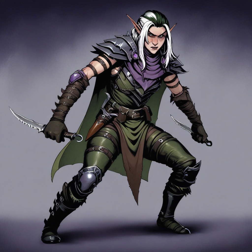 masterpiece, best quality, newest, absurdres, highres, 1boy, HOMMDEAV1.0, dark elf, armor, pointy ears, knife, rogue, assasin, holding, holding weapon, dagger,