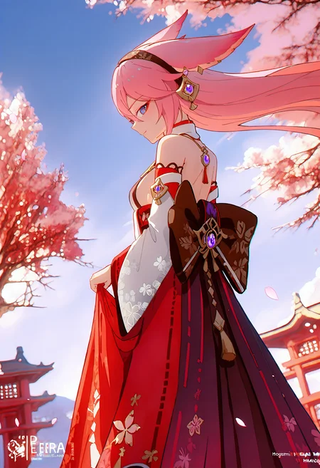 NoGamenoLifeStyle, <lora:No_Game_no_Life IL:0.8>,
void 0, <lora:Artist_style_Void_0:0.5>,
detailed, <lora:Detailer_NoobAI_Incrs_v1:0.6>,
<lora:FantasyWizardWitchesIL:0.6>, hkmagic,
(Yae Miko cosplay:1.3),hairband,bare shoulders,detached sleeves,floral print,hakama lift,japanese clothes,long sleeves,red hakama,red sash,red sleeves,sash,sideboob,skirt,tassel,vision \(genshin impact\),white sleeves,