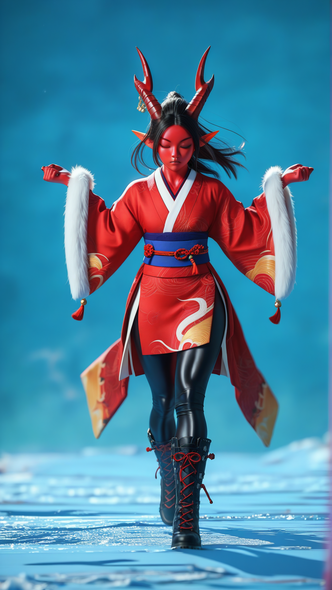 score_9, score_8_up, score_7_up, score_6_up, score_5_up, source_furry
closed eyes
1girl, solo, red skin, sharp horns, muscular build, pointed ears, black hair, traditional clothing
fur-lined kimono with bold red and black patterns, intricate dragon embroidery
heavy leather leggings, wide fur cuffs, iron-toed boots
character focus, dynamic angle, dynamic stance
shipyard