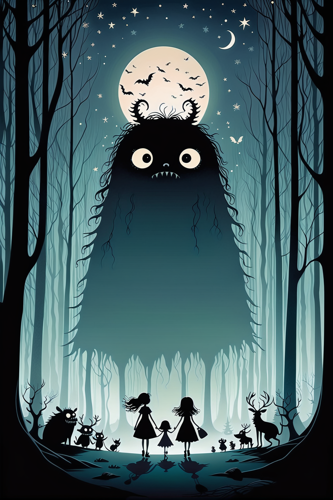 Minimalist vector graphic style illustration,beautiful and dreamy,inspired by Tim Burton's cartoon "Christmas Night Cry>,the picture shows that in the forest,a group of monsters surround a little girl,the overall design adopts minimalist style,smooth lines,soft colors,full of fairy tale atmosphere,the image of the little girl and the monster has the unique rhythm and style in Tim Burton's works,create a visual effect that is both weird and charming,(minimalism) (vector graphics) (fantasy fairy tale) (Tim Burton style) (Christmas night horror) (monster) (little girl) (forest) (cartoon),