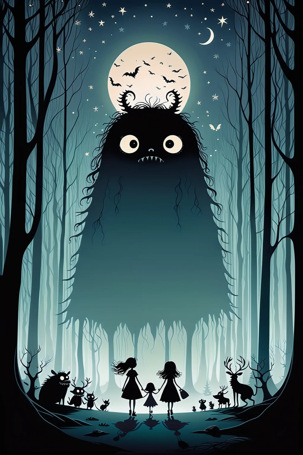 Minimalist vector graphic style illustration,beautiful and dreamy,inspired by Tim Burton's cartoon "Christmas Night Cry>,the picture shows that in the forest,a group of monsters surround a little girl,the overall design adopts minimalist style,smooth lines,soft colors,full of fairy tale atmosphere,the image of the little girl and the monster has the unique rhythm and style in Tim Burton's works,create a visual effect that is both weird and charming,(minimalism) (vector graphics) (fantasy fairy tale) (Tim Burton style) (Christmas night horror) (monster) (little girl) (forest) (cartoon),