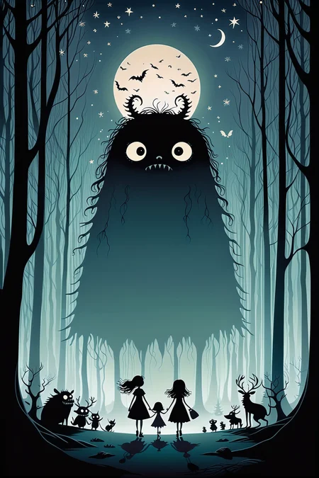 Minimalist vector graphic style illustration,beautiful and dreamy,inspired by Tim Burton's cartoon "Christmas Night Cry>,the picture shows that in the forest,a group of monsters surround a little girl,the overall design adopts minimalist style,smooth lines,soft colors,full of fairy tale atmosphere,the image of the little girl and the monster has the unique rhythm and style in Tim Burton's works,create a visual effect that is both weird and charming,(minimalism) (vector graphics) (fantasy fairy tale) (Tim Burton style) (Christmas night horror) (monster) (little girl) (forest) (cartoon),