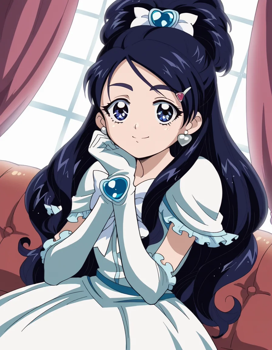 score_9, score_8_up, score_7_up, source_anime, <lora:honoka-yukishiro-anime-ponyxl-lora-nochekaiser:1>, honoka yukishiro, long hair, blue eyes, hair ornament, blue hair, hairclip,, dress, jewelry, earrings, magical girl, half updo, cure white, frills, bowtie, white bowtie, gloves,, indoors, smile, looking at viewer, solo, sitting, head rest,, cowboy shot, dutch angle