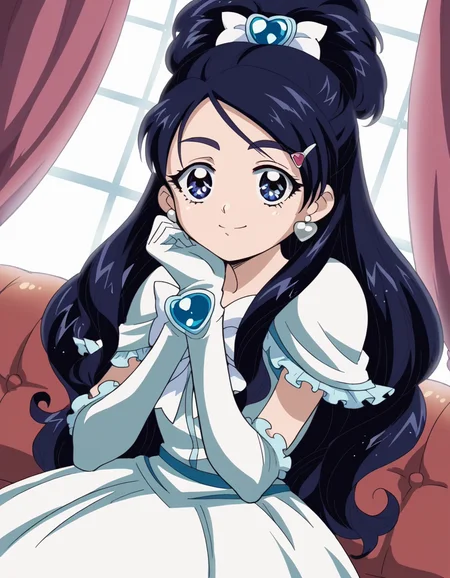 score_9, score_8_up, score_7_up, source_anime, <lora:honoka-yukishiro-anime-ponyxl-lora-nochekaiser:1>, honoka yukishiro, long hair, blue eyes, hair ornament, blue hair, hairclip,, dress, jewelry, earrings, magical girl, half updo, cure white, frills, bowtie, white bowtie, gloves,, indoors, smile, looking at viewer, solo, sitting, head rest,, cowboy shot, dutch angle