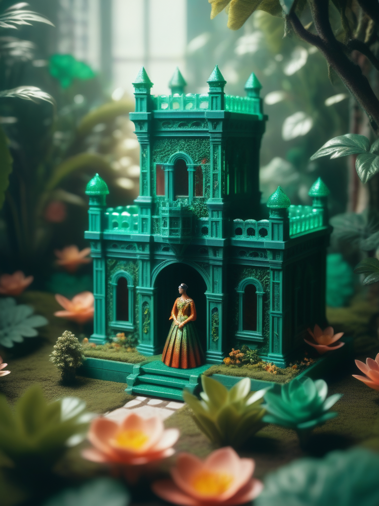<lora:08SurealismArt_Hap_XL:1>,  frida kahlo style,   cinematic still Translucent Organelle Unfolding Metamaterial Parouflaged Prime NeuralNano, Miniature castle Emerald foliage Colorful petals . emotional, harmonious, vignette, 4k epic detailed, shot on kodak, 35mm photo, sharp focus, high budget, cinemascope, moody, epic, gorgeous, film grain, grainy,