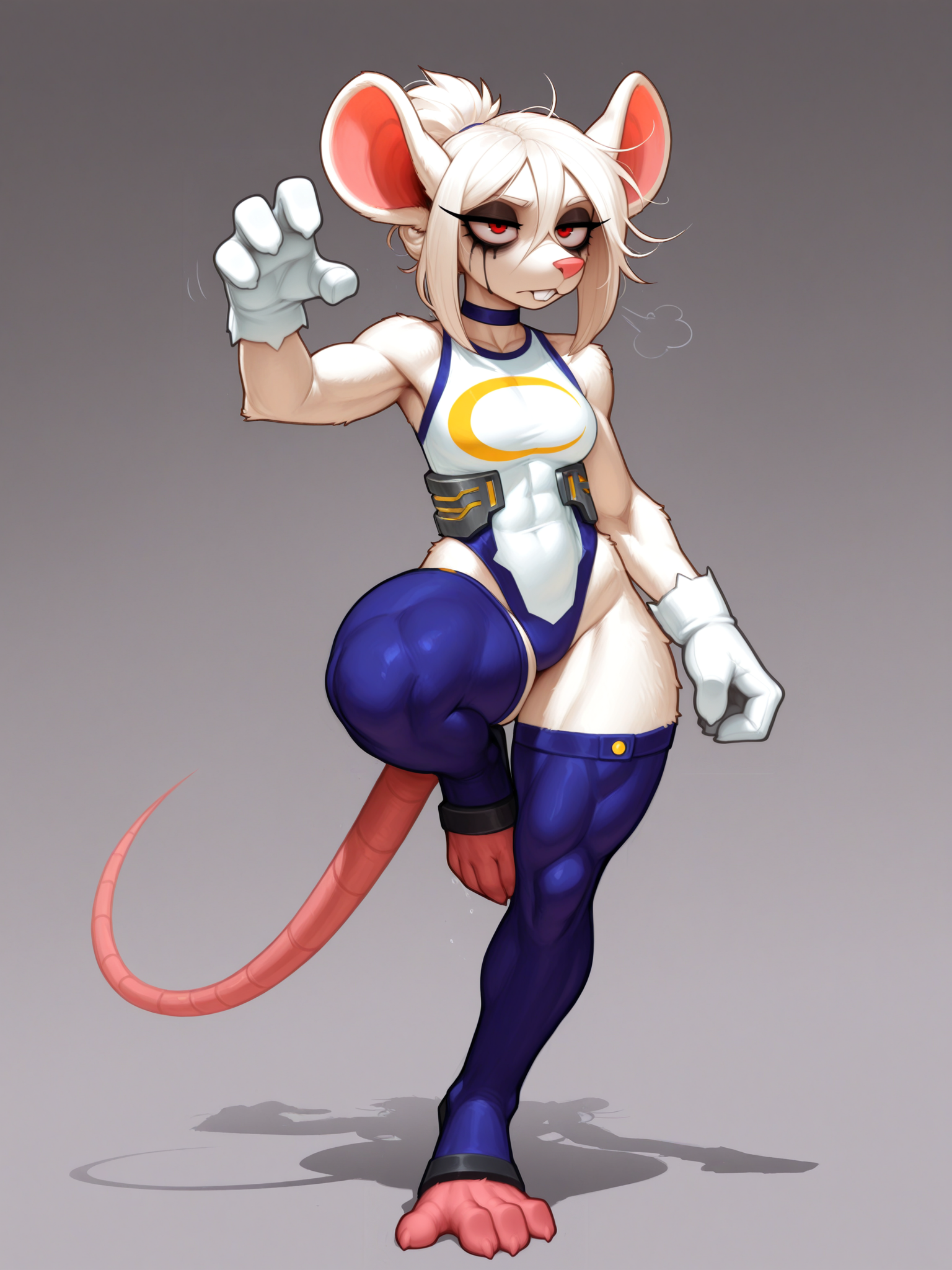 (masterpiece, best quality, newest:1), <lora:Libby_v03_NAIXL:1> L1bby,1girl,solo,furry,furry female,rat girl,rat ears,white hair,messy hair,hair between eyes,short ponytail,red eyes,makeup,bags under eyes,snout,animal nose,buck teeth, choker,body fur,white fur,
mirko \(cosplay\), action_pose, kick, full body,