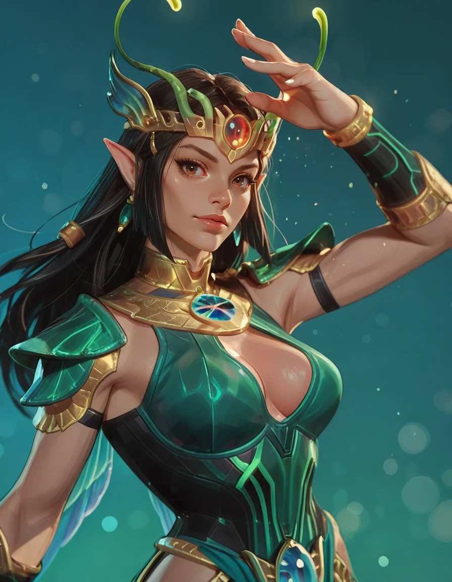 -----,, <lora:rimixxO2:1.2>
looking at viewer, upper body, nose, , , eyelashes, light particles, sparkle, simple background, gradient background, looking at viewer, masterwork, masterpiece, best quality, detailed, depth of field, , high detail, best quality, very aesthetic, 8k, dynamic pose, depth of field, dynamic angle, adult, aged up,
<lora:Mantis_AkkabanAcolyte_MarvelRivals_Zairasass_IL:1> 1girl, green background, blue background, pose, Mantis, Akkaban Acolyte Outfit, black hair, brown eyes, antennae, pointy ears, green leotard, cleavage cutout, hip cutouts, crown, green pauldrons, gold collar, arm bracers, green pelvic curtain, green skirt, gold ornaments, translucent fairy wings, scarab beetle belt ornament,