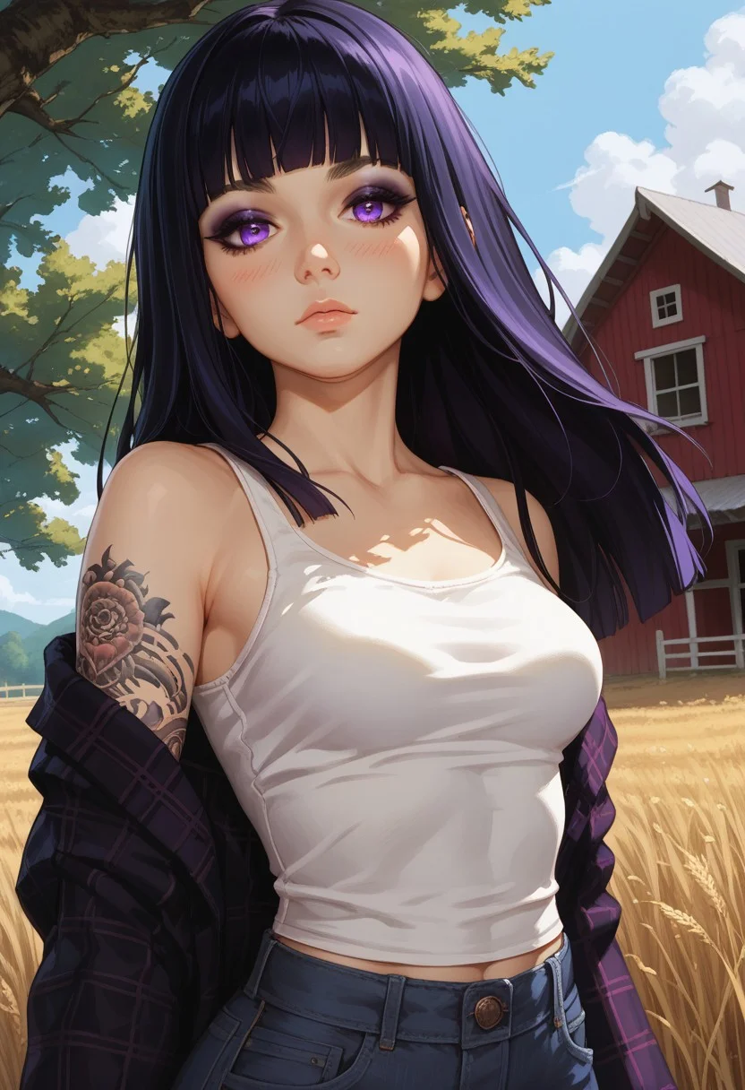 (score_9, score_8_up, score_7_up), 
(dutch angle, upper body:1.4),
1girl, solo, black hair, detailed eyes, purple eyes, long hair,  straight bangs, medium breasts, (goth, wide hips:1.1),  eyeshadow, jeans,  hime cut,
tattoo, tattooed arm, flannel shirt, p(urple shirt, white tanktop), nature, outdoors, farm, blush, wind, windy hair, cowboy shot