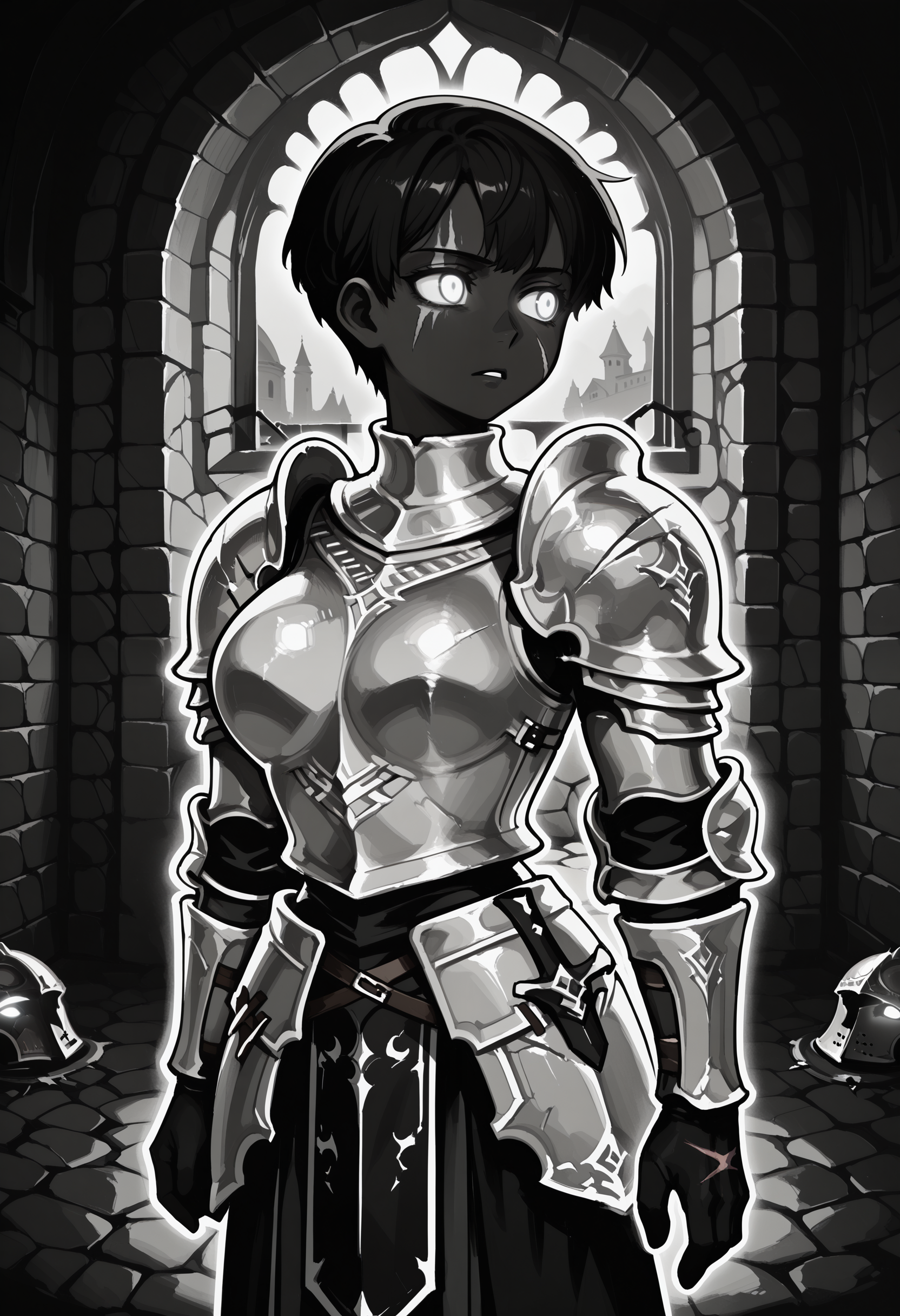 1girl, solo, DARCEIL,1girl,short hair,large breasts, armor,grey eyes,scar,shoulder armor,gauntlets,scar on face,pauldrons,breastplate,faulds,plate armor,boobplate,
dungeon, turning head, stone wall,
BHDR, white eyes, glowing eyes, outline, monochrome, greyscale, black skin, best quality, very aesthetic, masterpiece,