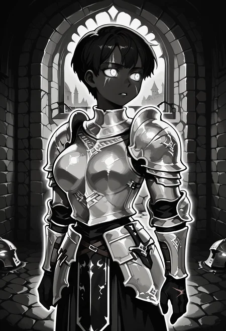 1girl, solo, DARCEIL,1girl,short hair,large breasts, armor,grey eyes,scar,shoulder armor,gauntlets,scar on face,pauldrons,breastplate,faulds,plate armor,boobplate,
dungeon, turning head, stone wall,
BHDR, white eyes, glowing eyes, outline, monochrome, greyscale, black skin, best quality, very aesthetic, masterpiece,