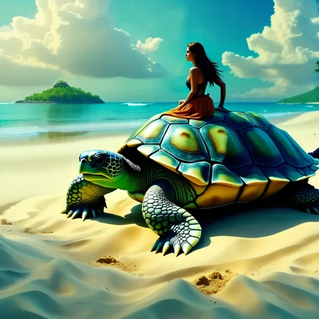 (a giant turtle), (is standing on a sandy beach), (with a lone woman standing who is 4 times smaller than the turtle), <lora:epwsdxl:0.8>, elementalplanewater, best quality, masterpiece, 4k, uncensored, prefect lighting, rating_explicit, very aesthetic, detailed, <lora:add_details_xl:0.6>, very detailed, <lora:SDXLHighDetail_v5:0.6>