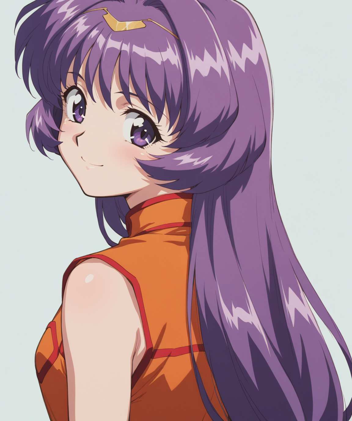 masterpiece, best quality, amazing quality, very aesthetic, ultra detail, clear line, solo, <lora:little_niece_v01:0.8>, little niece, purple eyes, long hair, dark purple hair, hair ornament, orange dress, sleeveless dress, smile, looking back, upper body, from behind, simple background, <lora:LECO_BadHands:1.2>, <lora:LECO_GoodHands:-1.2>