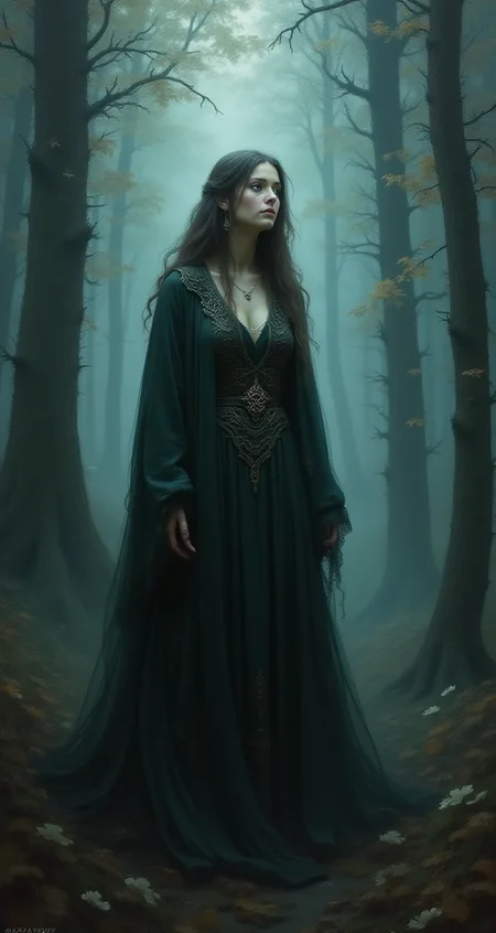 An atmospheric and powerful dark fantasy, impressionist classical-style painting of a woman in an intricate robe. She is standing in a dark foggy forrest.