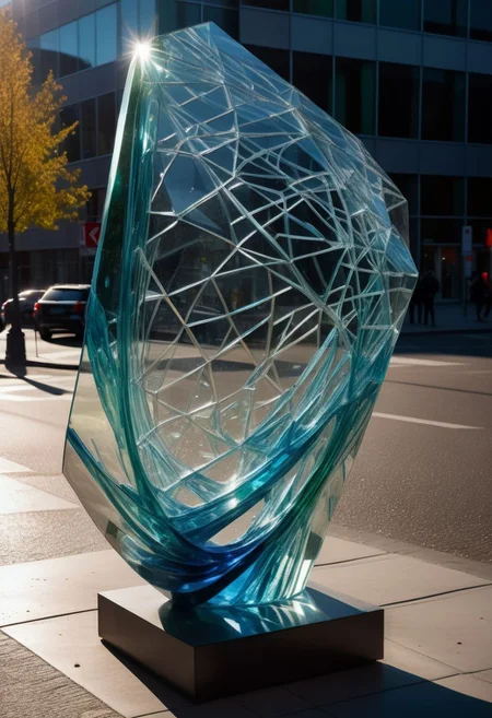 Streetview, a sculpture made of glass, dispersion phenomena, Dramatic light, cinematic, detailed texture, masterpiece,
