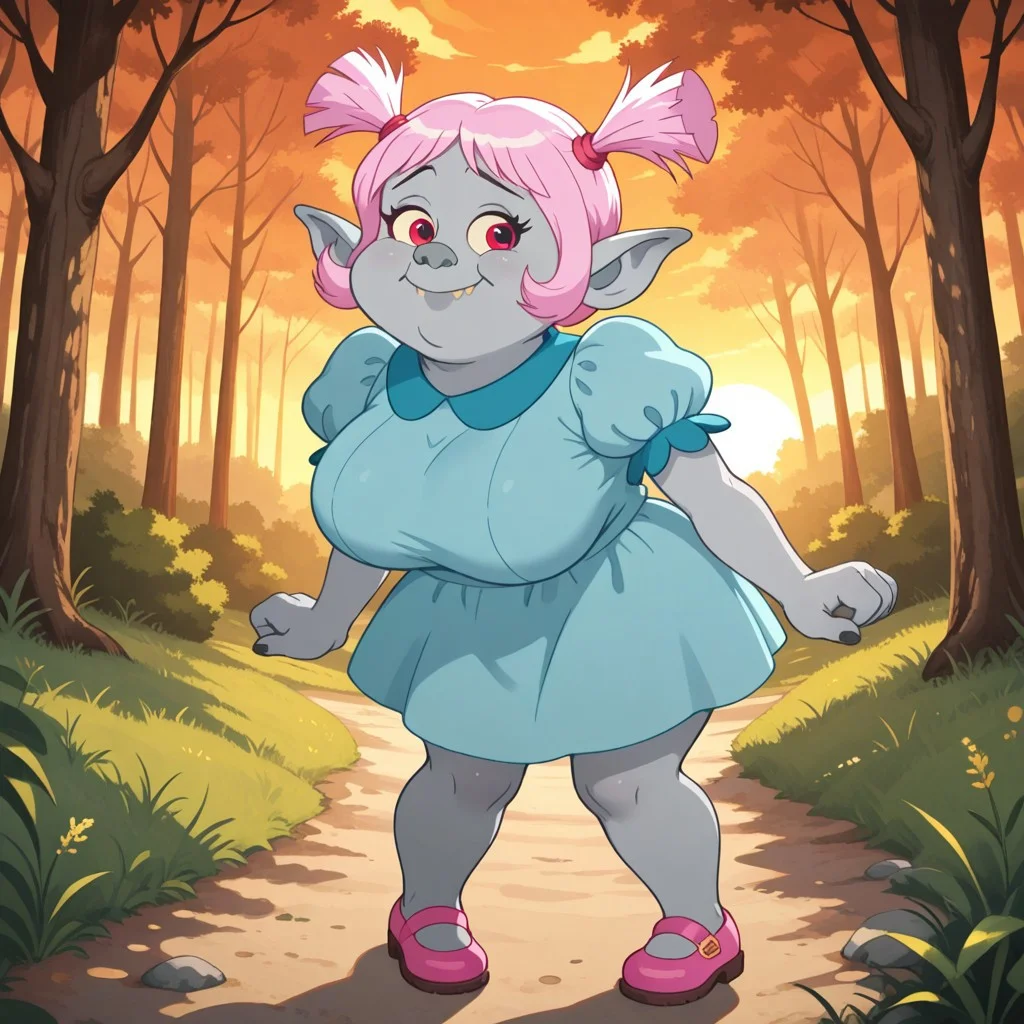score_9, score_8, BREAK, solo, Bridget, 1girl, solo, gray skin, large pointed ears, pink hair, pigtails, blue dress, puffed sleeves, pink shoes, adult female, mature female, big breasts, sexy pose, self portrait, smile, looking at viewer, outdoors, sunlight, shadows, evening lighting, natural lighting, forest, trees, grass, orange sky, sunset