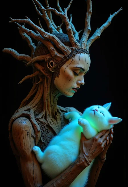 rootform, a Natural Neon pastel colored weathered old wooden womans face Installation, artsy, her busty Body Made of intricate roots naturally grown in a atmospheric black Photo studio, from her head growing billowing roots Like hair, moss, atmospheric lighting, detailed old wooden structure, Holding a luminous translucent amber and opal cat with Long ears in her arms