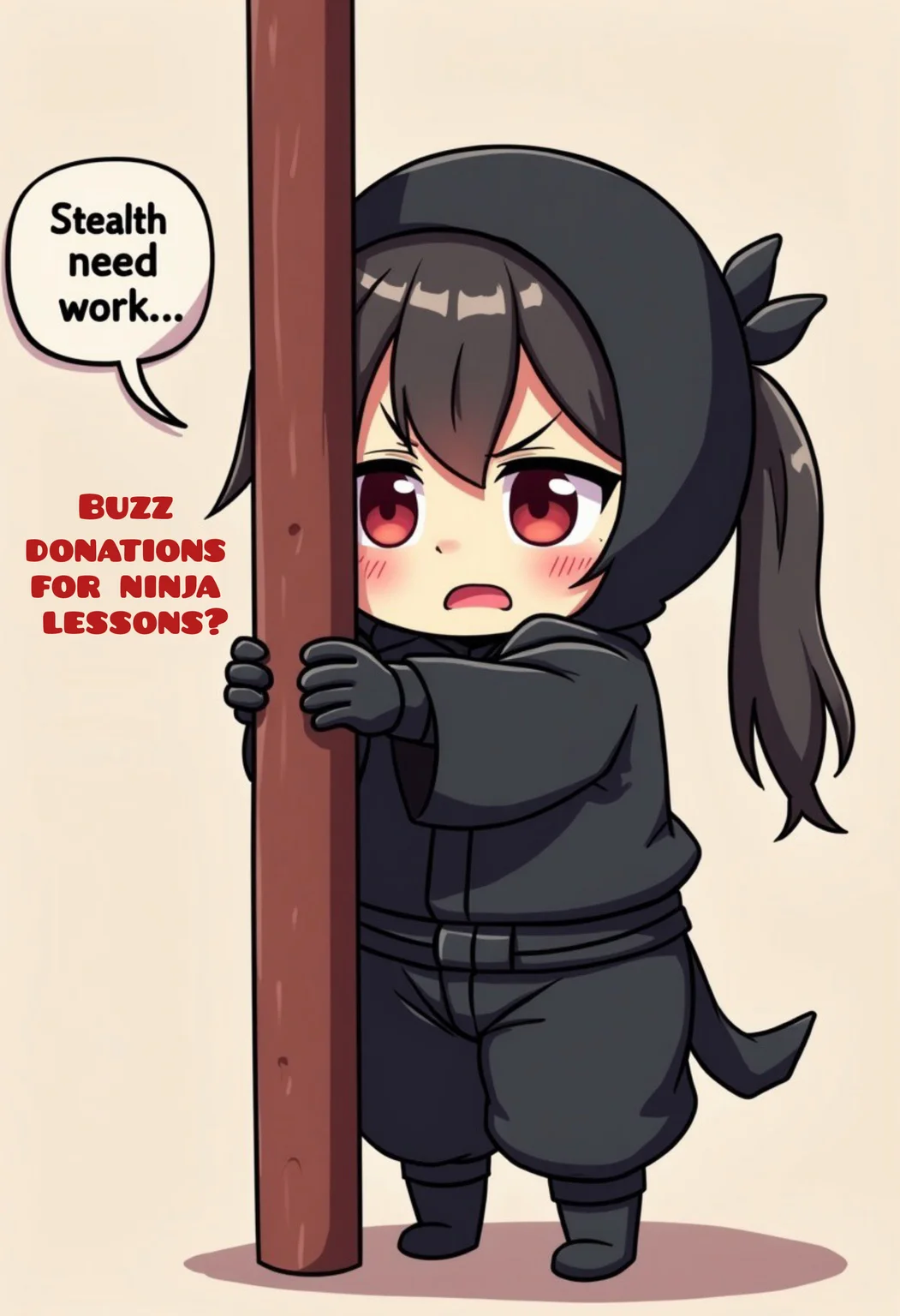 Anime style, cartoon style, funny illustration, Newbie Ninja in Training : An adorably clumsy ninja girl in a black outfit, trying to hide behind the object but still visible looking embarrassed. Speech bubble text exactly saying : "Stealth skills need work… Buzz donations for ninja lessons?”