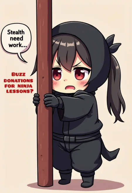 Anime style, cartoon style, funny illustration, Newbie Ninja in Training : An adorably clumsy ninja girl in a black outfit, trying to hide behind the object but still visible looking embarrassed. Speech bubble text exactly saying : "Stealth skills need work… Buzz donations for ninja lessons?”