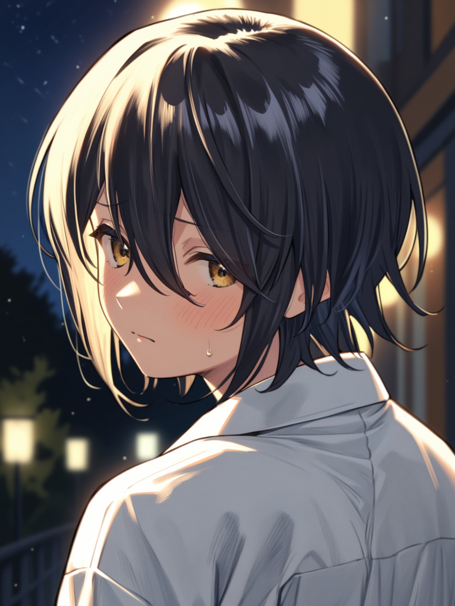 <lora:happy_tentacle-konusuzu-v0.1-000010:1>, (ht_konusuzu:1.2), black hair , embarassed, outdoors, night upper body, 1girl, (petite:1.2), solo focus, (looking away:1.1), backlighting, (depth of field:0.8), , score_9, score_8_up, score_7_up, score_6_up, score_5_up, score_4_up