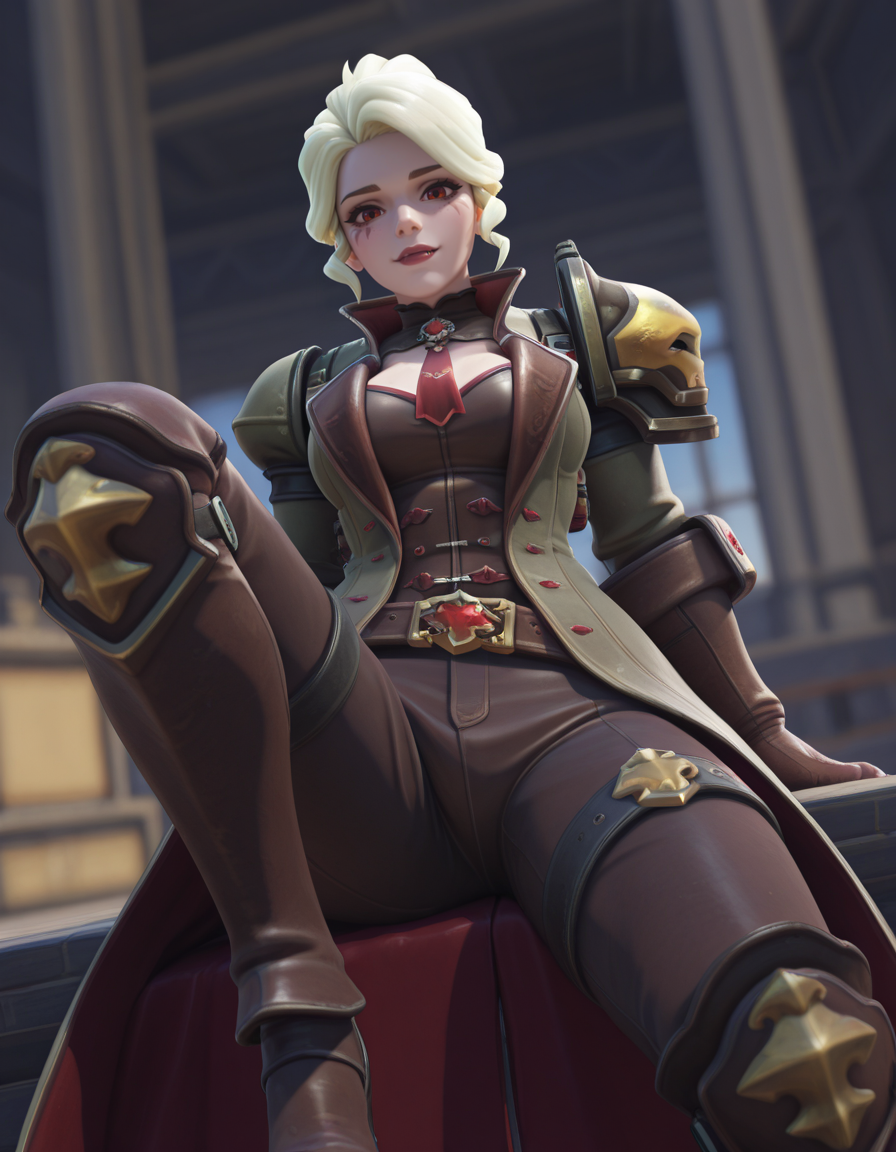 score_9,score_8_up, score_7_up, high-res, 2k, best quality, 2.5d, 1girl,  vampire hunter brig, brigitte (overwatch) <lora:Vampire_brig_illus-000037:1>  Sitting with one leg bent and the other extended